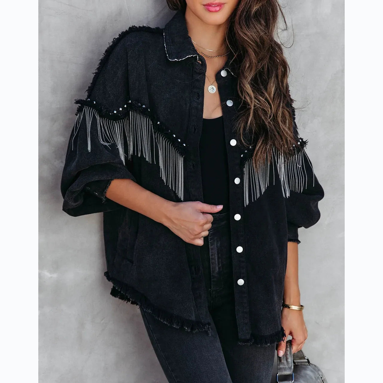 Vintage Oversized Black Denim Jacket for Women - Streetwear Tassel Hem Shacket