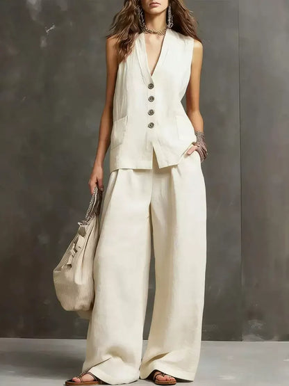 Ensemble chic coordonné d'été pour femme – Gilet en lin rose poudré et pantalon palazzo fluide, tenue de villégiature élégante deux pièces