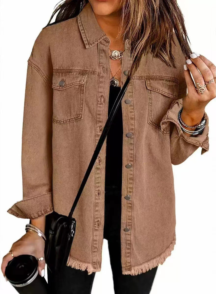 Women's Loose Casual Denim Shirt Jacket with Frayed Hem | Retro Washed Button Up Cotton Jean jacket