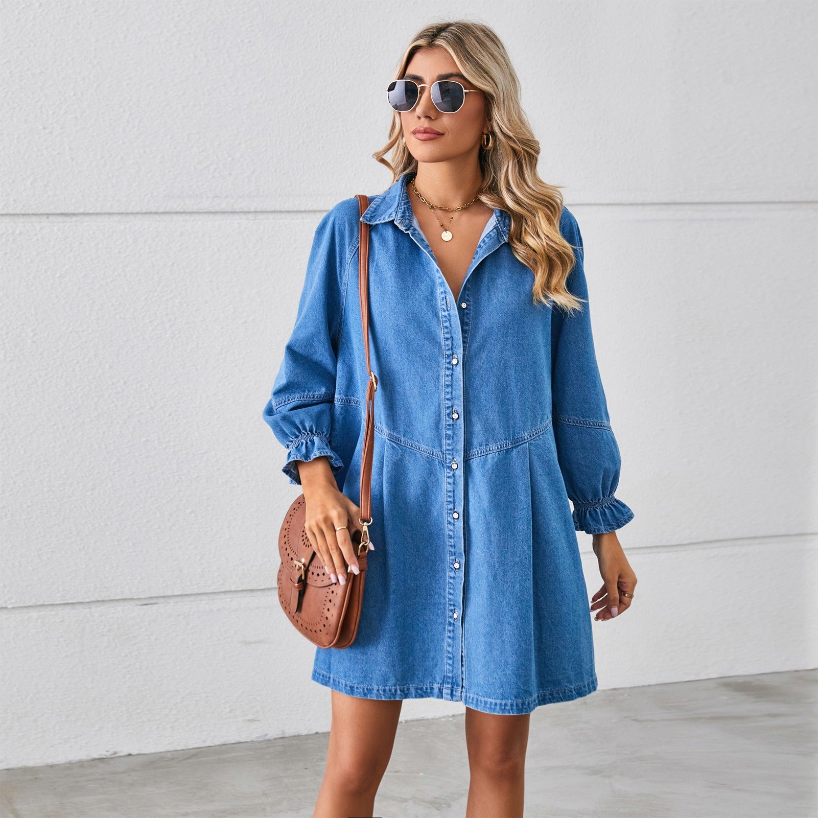 Women's Loose Washed Denim Mini Dress | Long Sleeve Ruffle Cuff Pleated Jean Dress