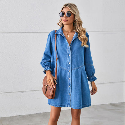 Women's Loose Washed Denim Mini Dress | Long Sleeve Ruffle Cuff Pleated Jean Dress