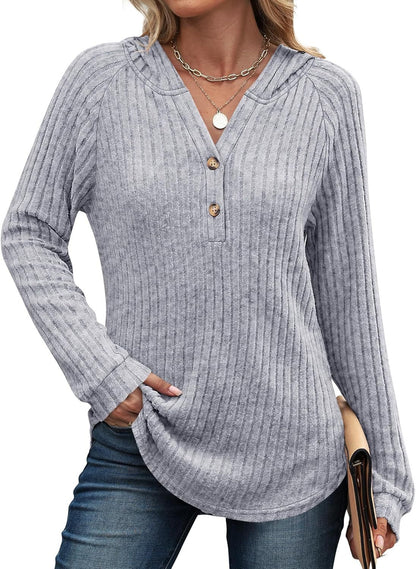 Women's Loose Fit Soft Knit Hooded Sweatshirt with Henley Buttons