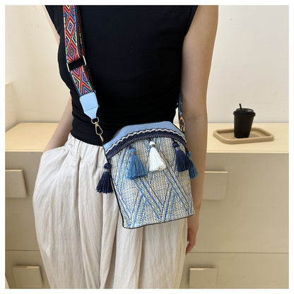 Bohemian Straw Bucket Crossbody Bag - Vintage Tribal Woven Beach Purse with Tassels & Wide Strap