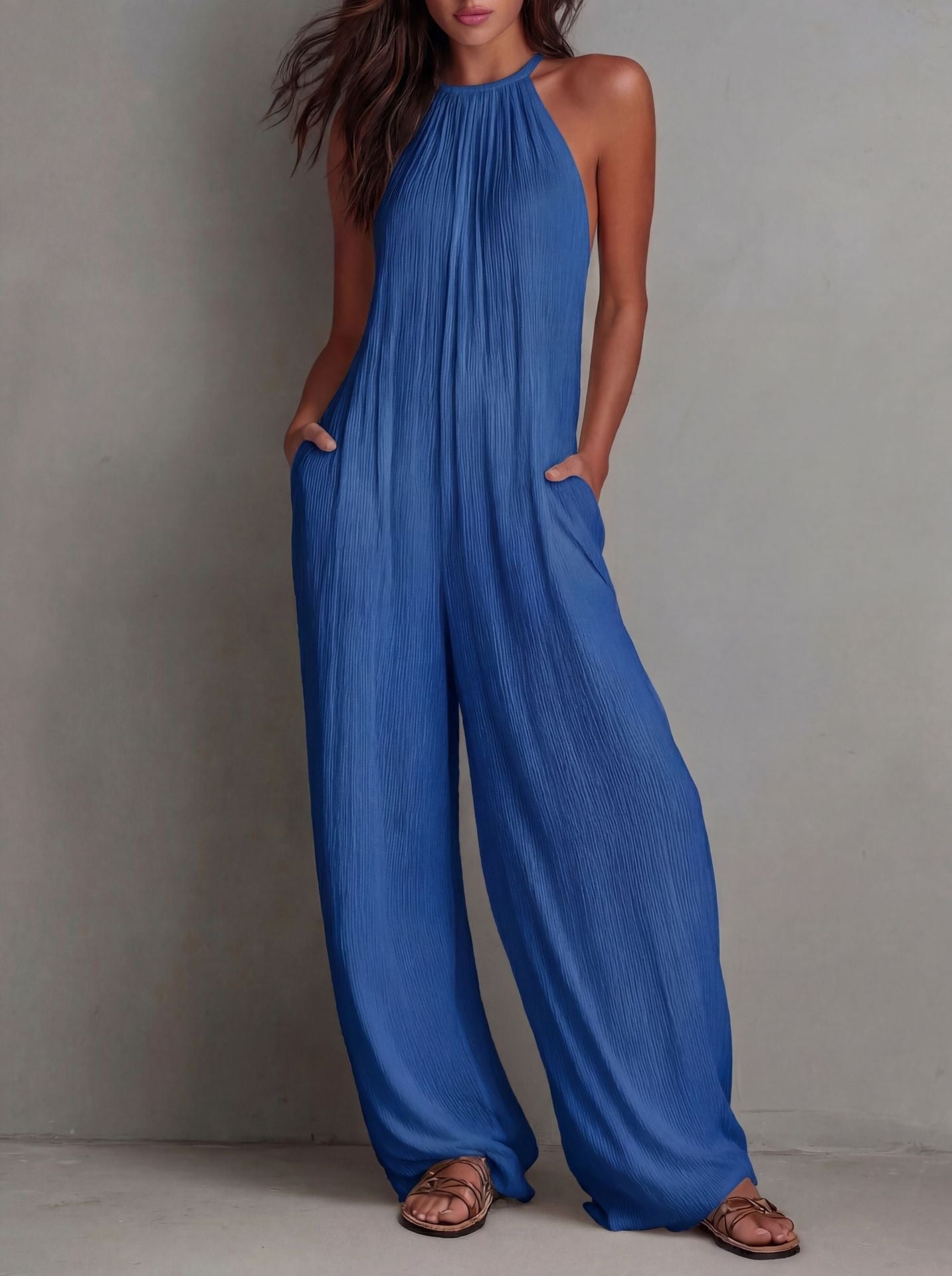 Combinaison bohème dos nu à col licou pour femme - Combi-pantalon plissée à jambes larges