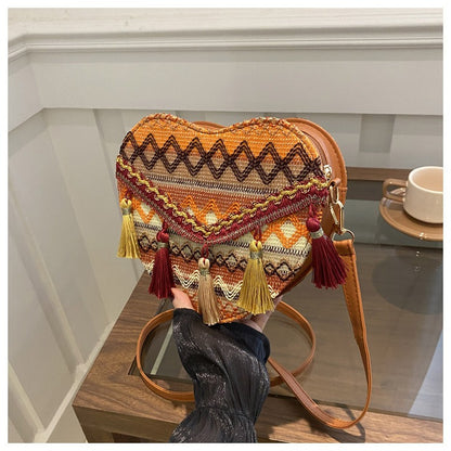 Bohemian Heart-Shaped Woven Crossbody Bag - Vintage Aztec Tribal Beach Purse with Tassels for Women