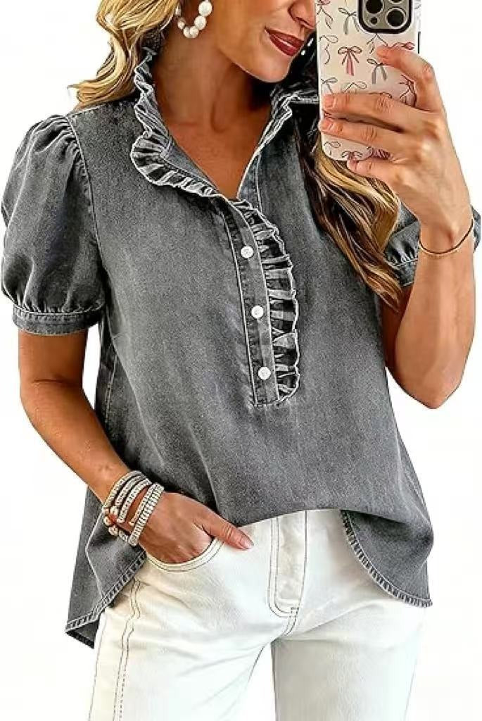 Women's Ruffle Denim Shirt Short Sleeve | Soft Washed Blue Jean Blouse with Puff Sleeves & Frill Trim