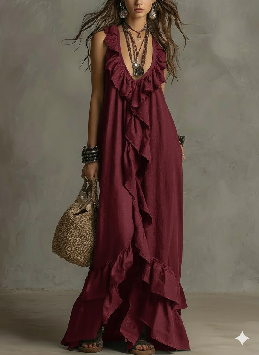 Women's Boho Ruffle Maxi Dress - V-Neck Sleeveless Flowy Beach Long Dress