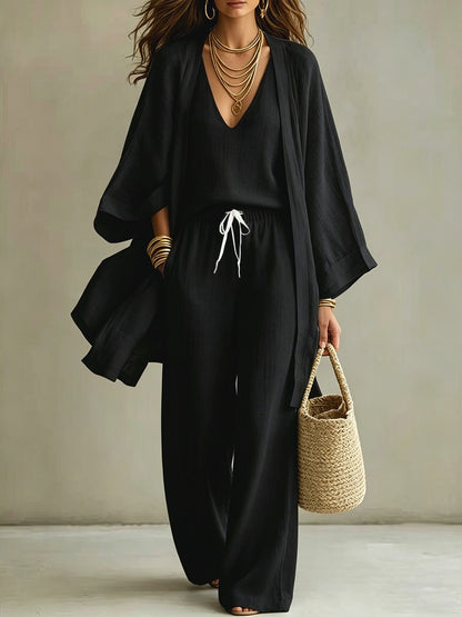 Women's Linen-Look 3-Piece Set - Oversized Cardigan, V-Neck Cami & Wide Leg Pants
