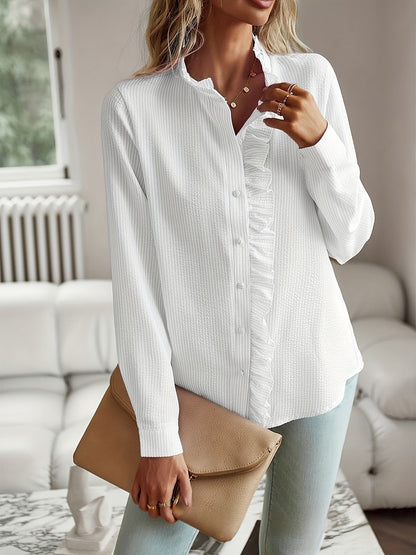 Vintage Striped Ruffle Seersucker Blouse - Long Sleeve Button-Down Stand Collar Shirt for Women