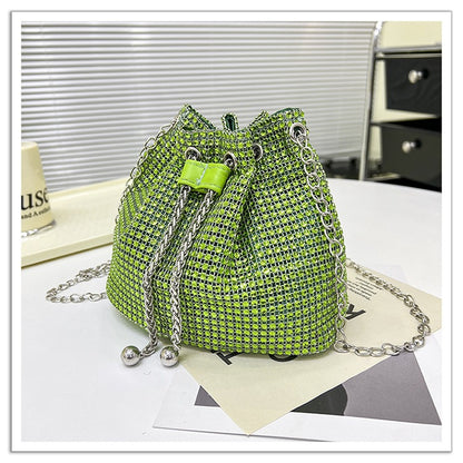 Glamorous Rhinestone Drawstring Bucket Bag - Luxury Crystal Chain Shoulder Purse & Crossbody Bag
