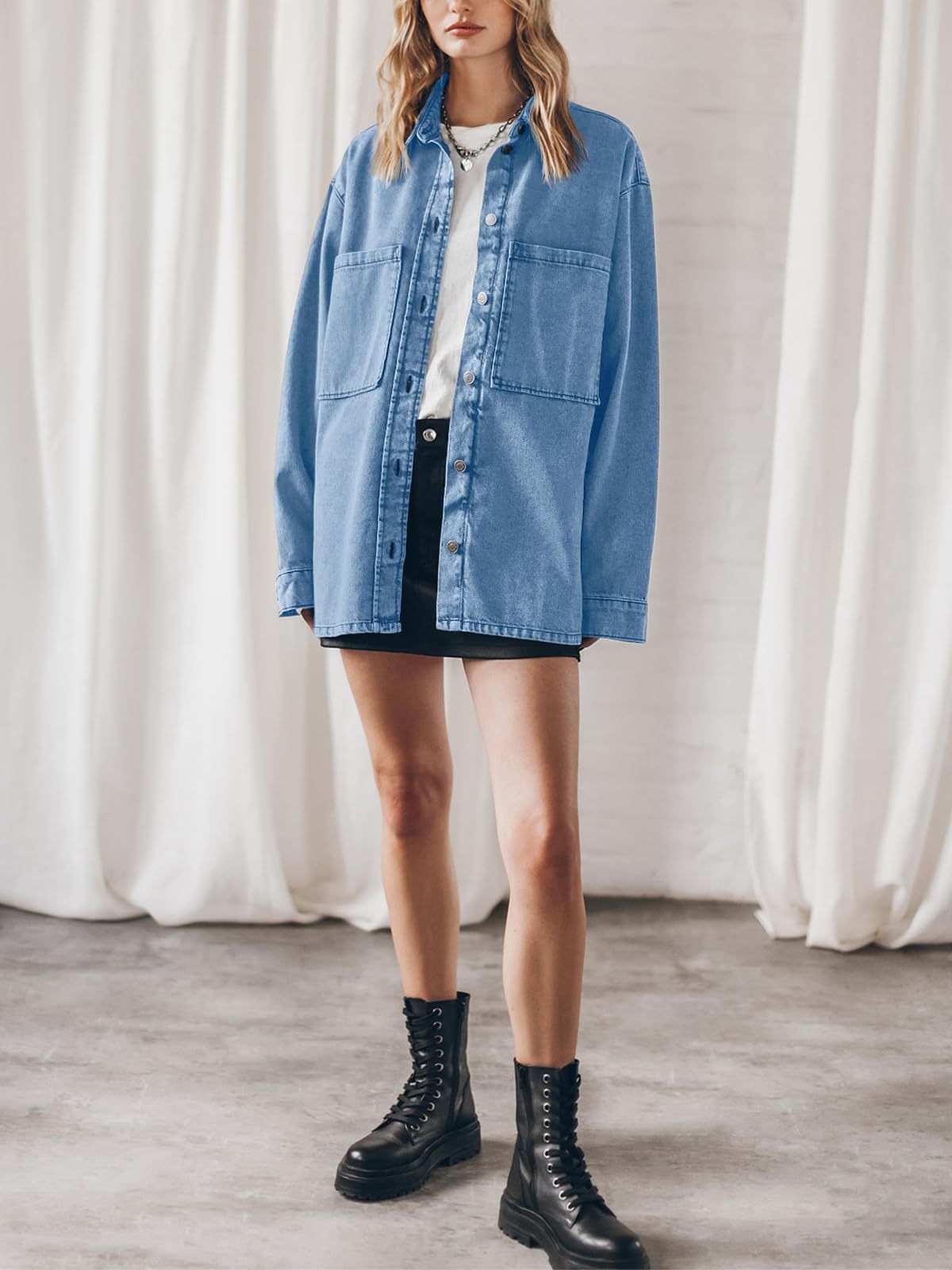 Vintage Solid Blue Denim Shirt for Women - Slouchy Mid-Long Jacket with Large Pockets