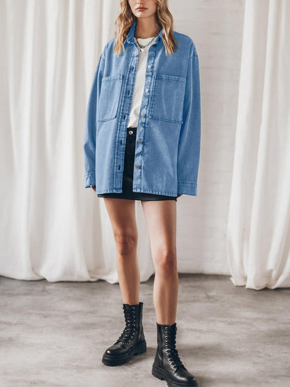 Vintage Solid Blue Denim Shirt for Women - Slouchy Mid-Long Jacket with Large Pockets