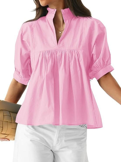 Women's shirt/T-shirt with mid-length sleeves and loose fit, V-neck