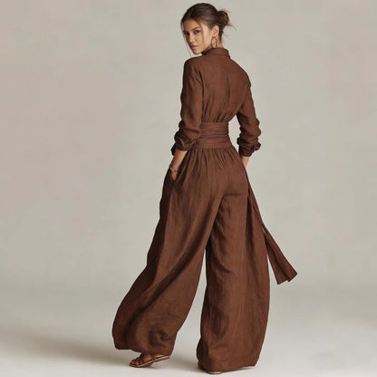Women's Linen-Look 2-Piece Resort Set | Casual Button Shirt & Wide Leg Pants Suit
