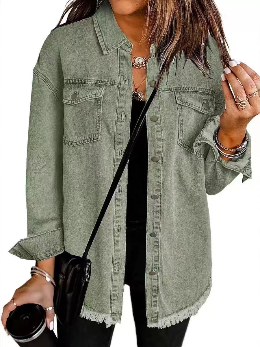 Women's Loose Casual Denim Shirt Jacket with Frayed Hem | Retro Washed Button Up Cotton Jean jacket