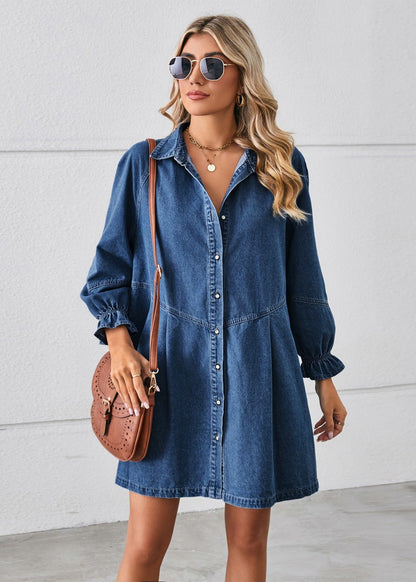 Women's Loose Washed Denim Mini Dress | Long Sleeve Ruffle Cuff Pleated Jean Dress