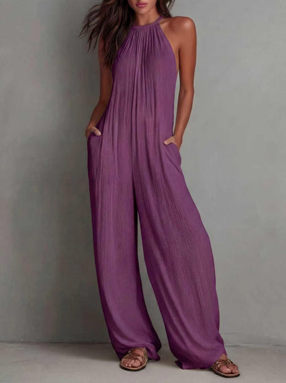 Combinaison bohème dos nu à col licou pour femme - Combi-pantalon plissée à jambes larges