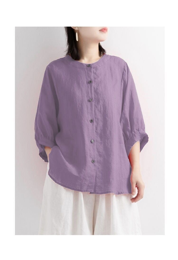 Vintage Linen Blend Button-Down Blouse - Relaxed Fit Lantern Sleeve Casual Shirt Plus Size
