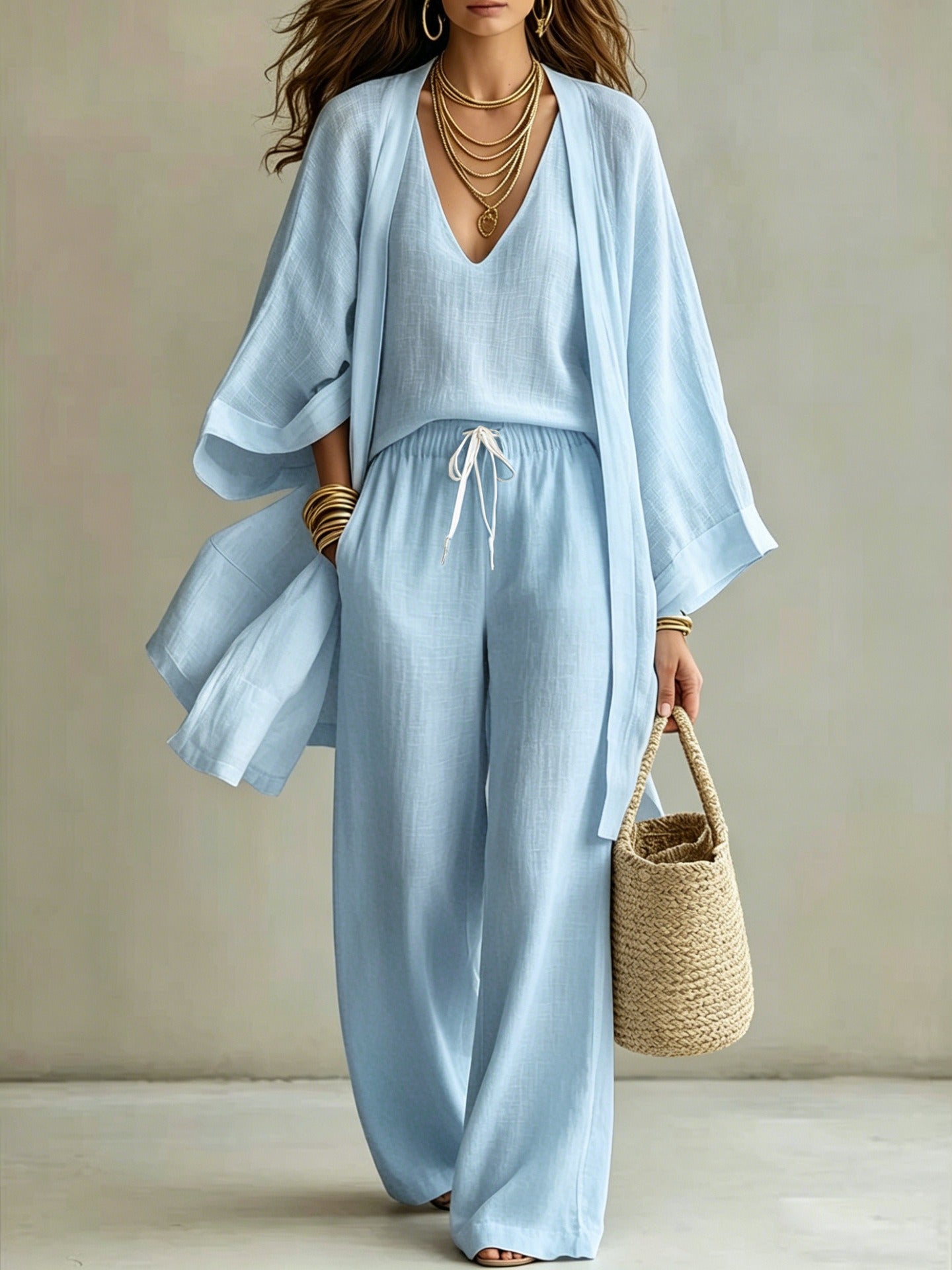 Women's Linen-Look 3-Piece Set - Oversized Cardigan, V-Neck Cami & Wide Leg Pants