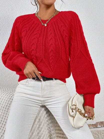 Women's Cable Knit Pullover Sweater | Casual Round Neck Long Sleeve Ribbed Jumper Top