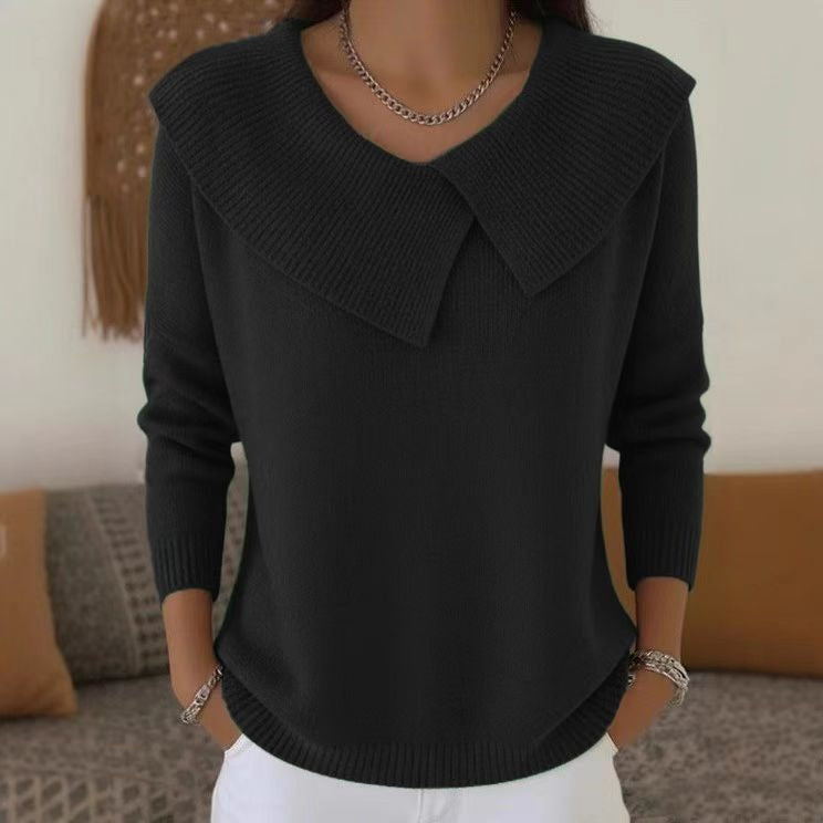 Women's Asymmetric Sailor Collar Sweater | Casual Solid Color Long Sleeve Knit Pullover