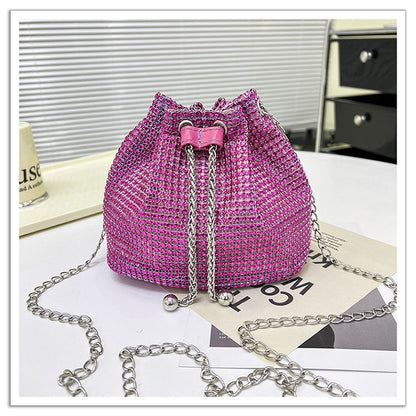 Glamorous Rhinestone Drawstring Bucket Bag - Luxury Crystal Chain Shoulder Purse & Crossbody Bag