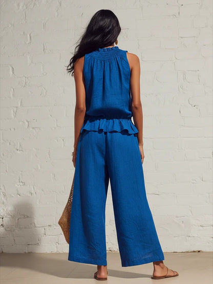 Royal Blue Sleeveless Linen-Blend Lounge Suit 2-Piece Summer Resort Set