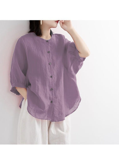 Vintage Linen Blend Button-Down Blouse - Relaxed Fit Lantern Sleeve Casual Shirt Plus Size
