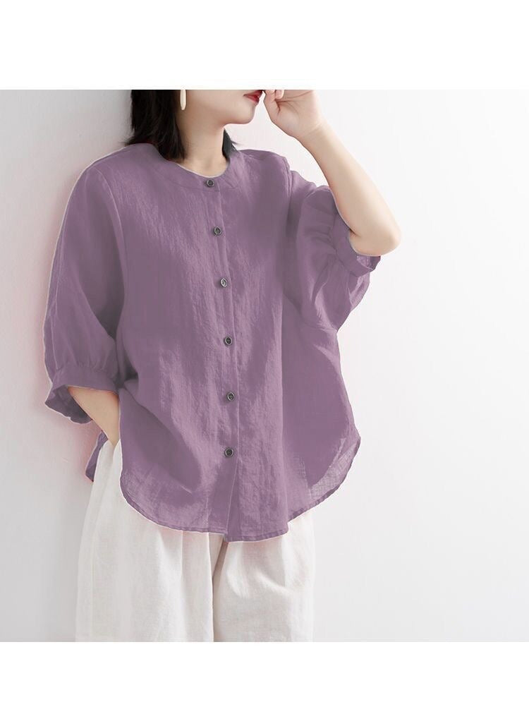 Vintage Linen Blend Button-Down Blouse - Relaxed Fit Lantern Sleeve Casual Shirt Plus Size