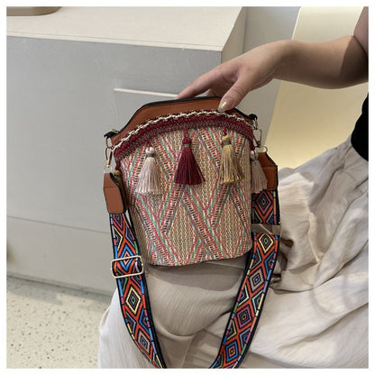 Bohemian Straw Bucket Crossbody Bag - Vintage Tribal Woven Beach Purse with Tassels & Wide Strap