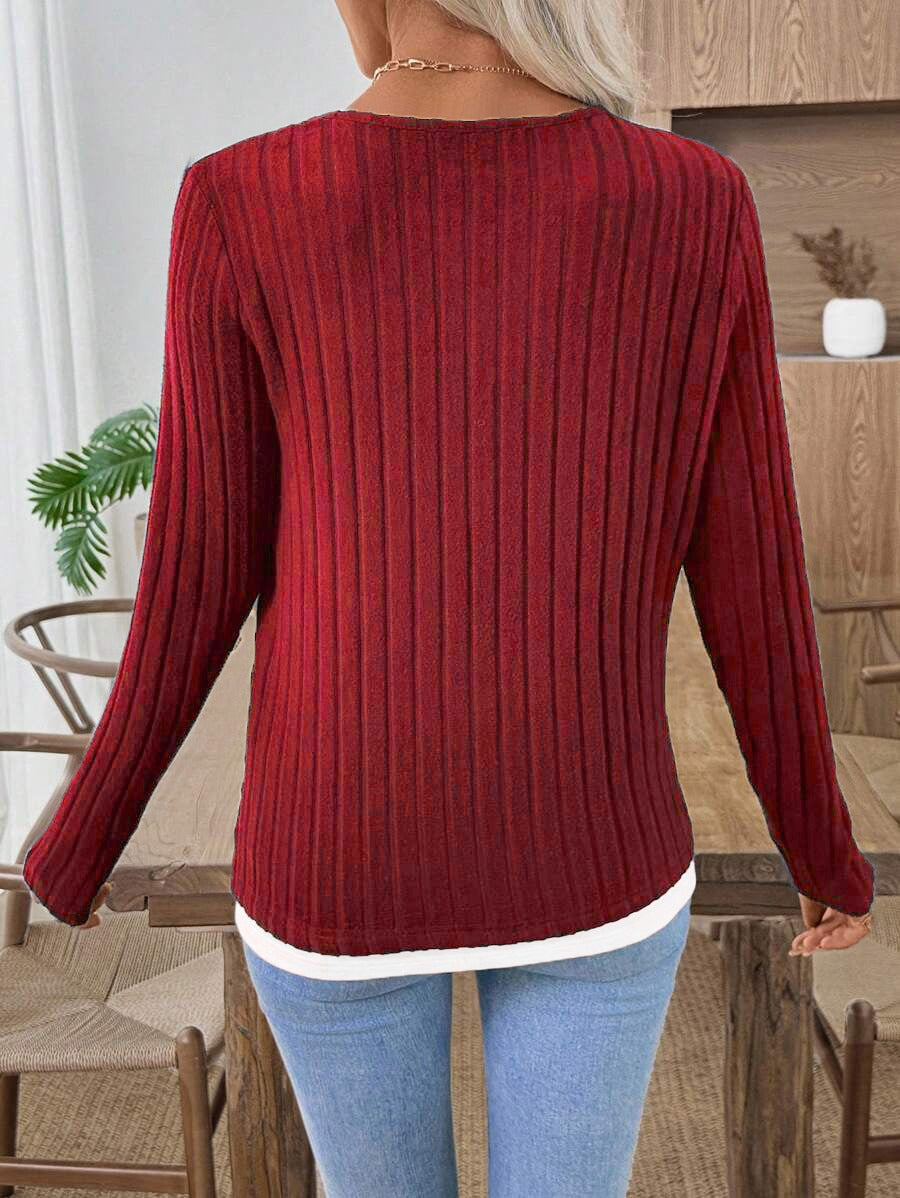 Ribbed Knit Faux Two-Piece Layered Sweater | Casual Button Decor Long Sleeve Brushed Pullover Top