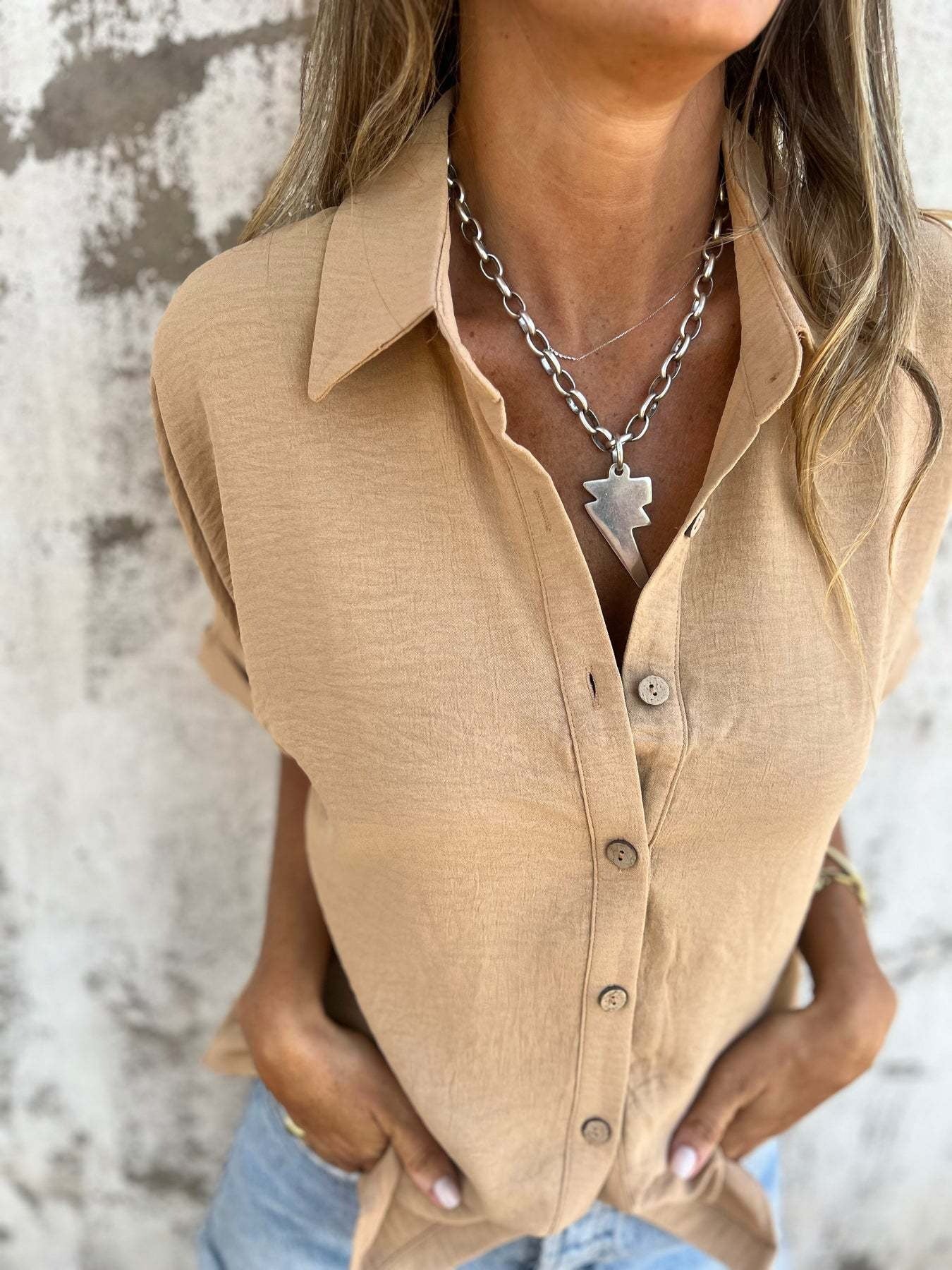 Casual V-Neck Button-Up Top | Breathable Summer Linen-Blend Shirt with Cuffed Sleeves