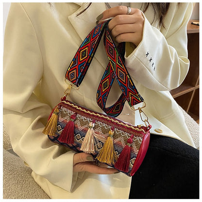 Bohemian Embroidered Cylinder Barrel Bag - Vintage Tribal Boston Shoulder Purse with Wide Strap & Tassels