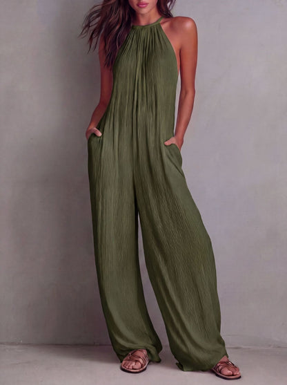 Combinaison bohème dos nu à col licou pour femme - Combi-pantalon plissée à jambes larges