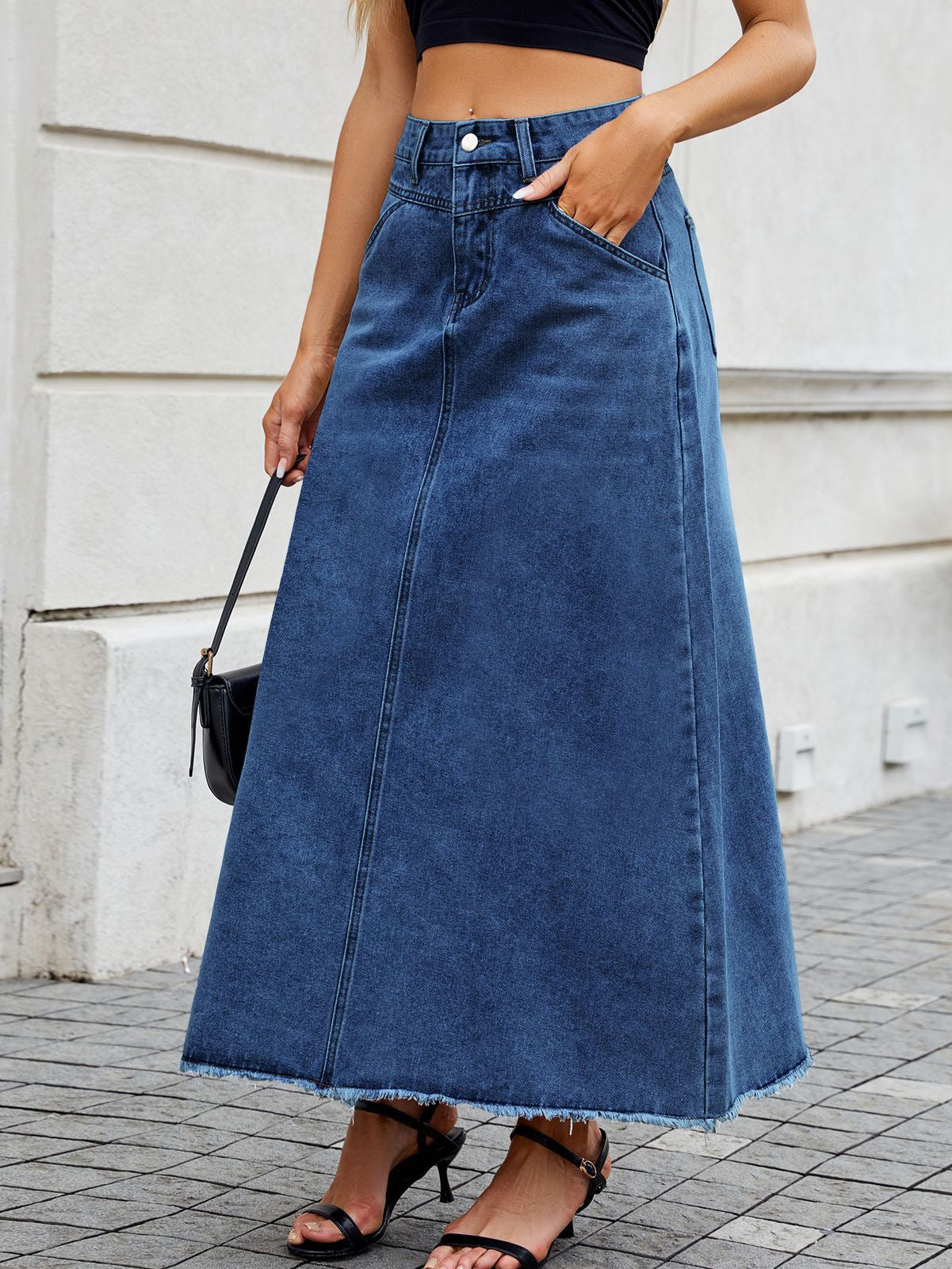 Classic Washed Denim Long Skirt for Women - Frayed Hem Casual Flare Maxi Skirt