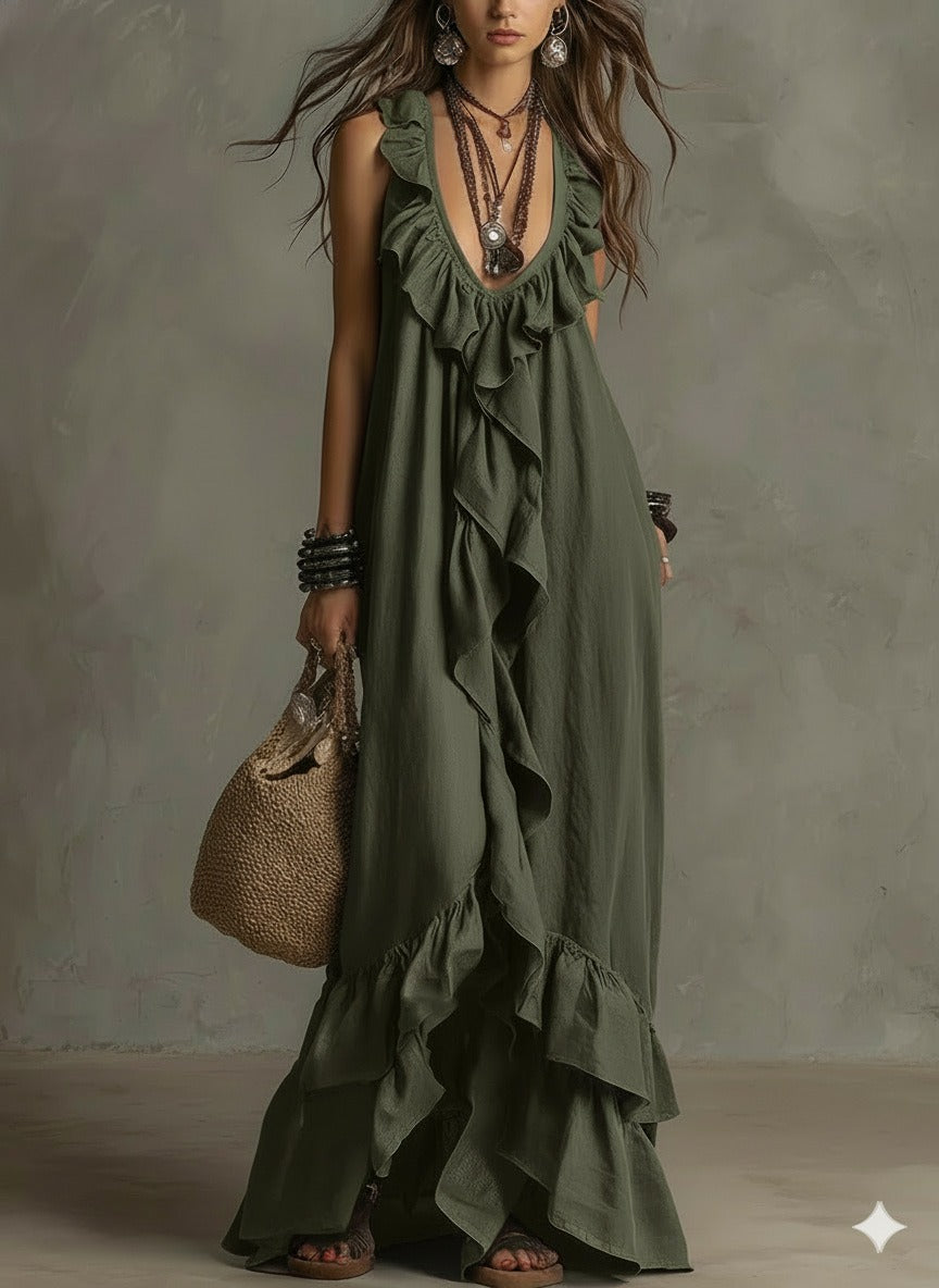 Women's Boho Ruffle Maxi Dress - V-Neck Sleeveless Flowy Beach Long Dress