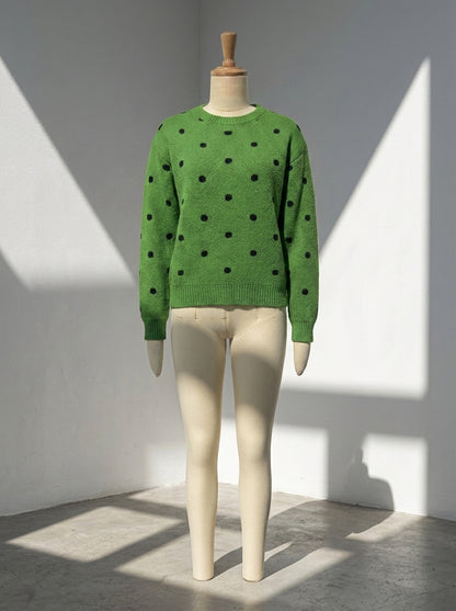 Women's Polka Dot Jacquard Knit Sweater | Casual Round Neck Long Sleeve Pullover Top