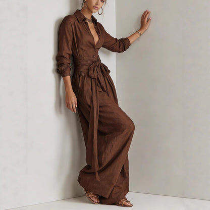 Women's Linen-Look 2-Piece Resort Set | Casual Button Shirt & Wide Leg Pants Suit
