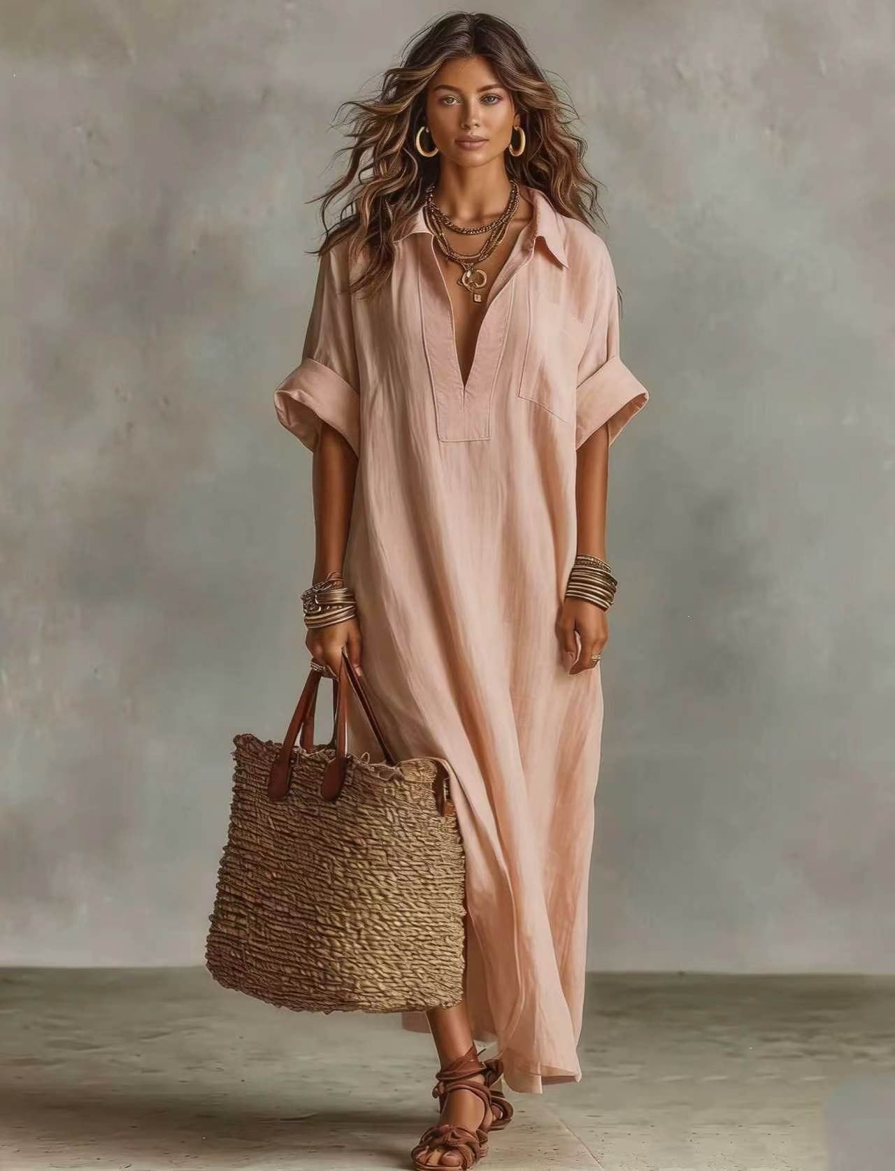 Women's Minimalist Linen-Look Maxi Dress | Casual Polo Collar Roll-Up Short Sleeve Kaftan