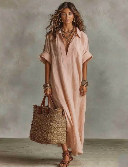 Women's Minimalist Linen-Look Maxi Dress | Casual Polo Collar Roll-Up Short Sleeve Kaftan