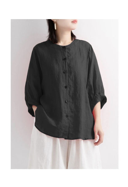 Vintage Linen Blend Button-Down Blouse - Relaxed Fit Lantern Sleeve Casual Shirt Plus Size