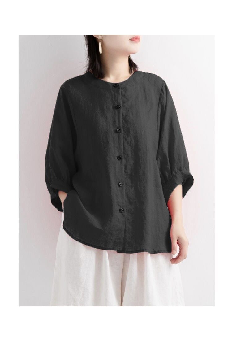 Vintage Linen Blend Button-Down Blouse - Relaxed Fit Lantern Sleeve Casual Shirt Plus Size
