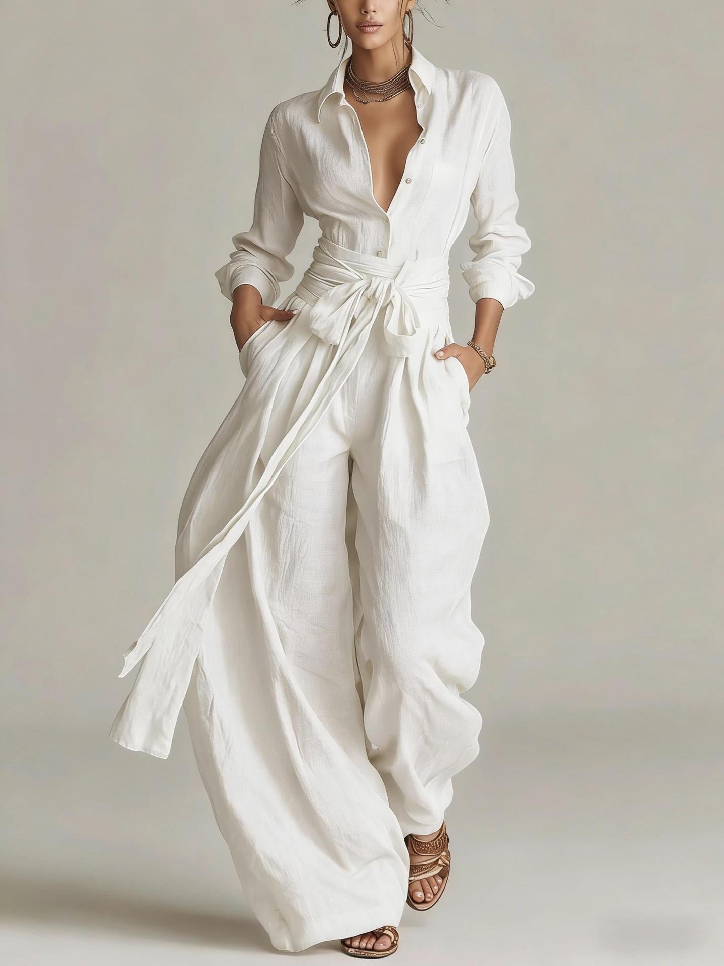 Women's Linen-Look 2-Piece Resort Set | Casual Button Shirt & Wide Leg Pants Suit