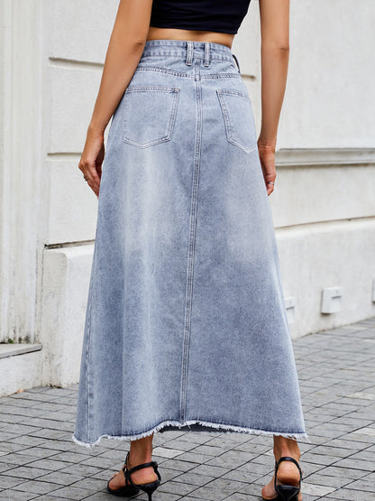 Classic Washed Denim Long Skirt for Women - Frayed Hem Casual Flare Maxi Skirt