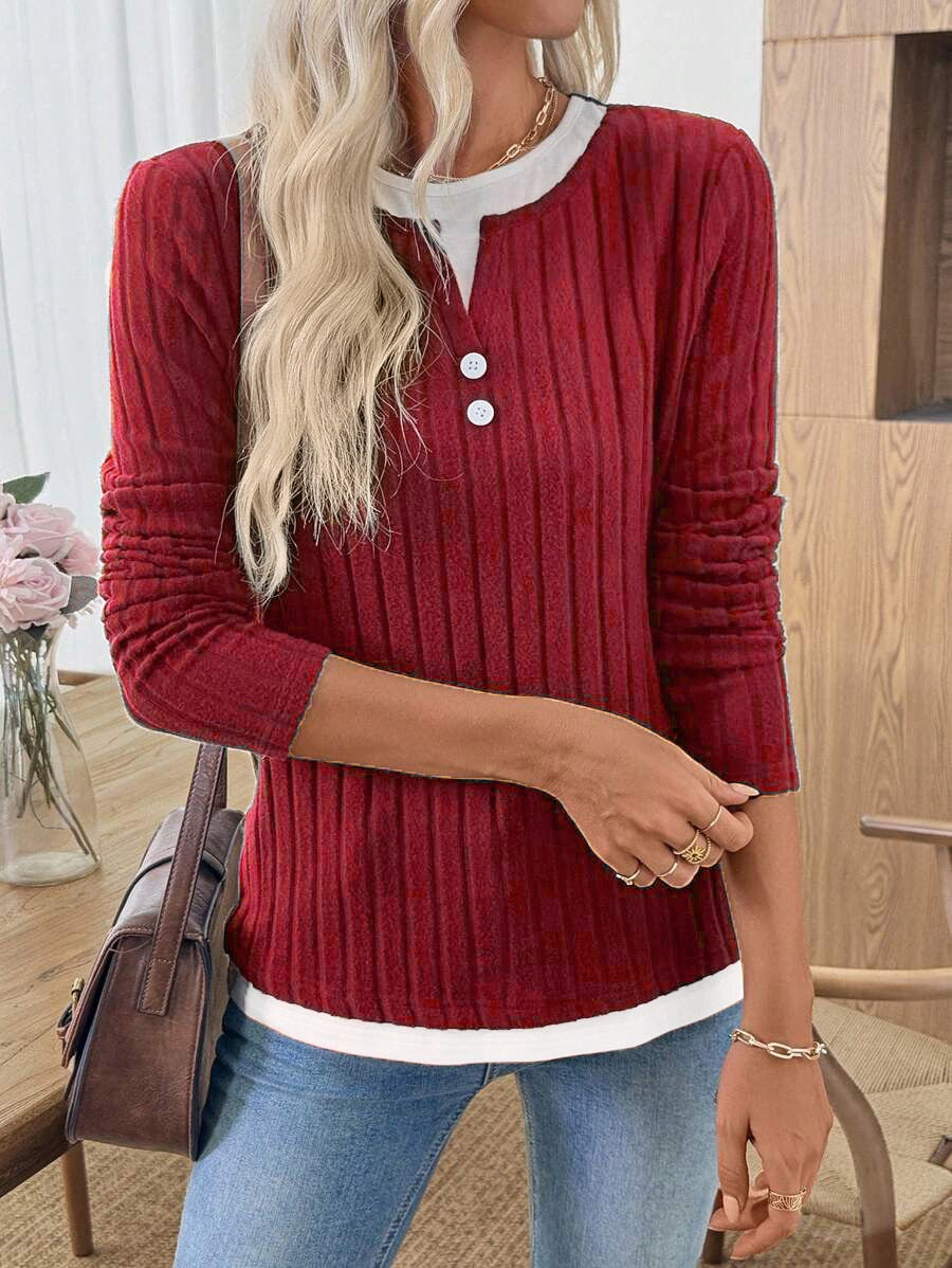 Ribbed Knit Faux Two-Piece Layered Sweater | Casual Button Decor Long Sleeve Brushed Pullover Top
