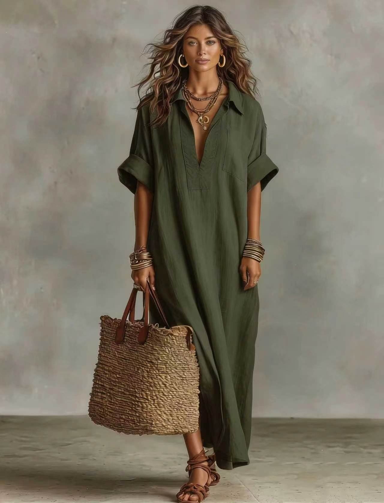 Women's Minimalist Linen-Look Maxi Dress | Casual Polo Collar Roll-Up Short Sleeve Kaftan