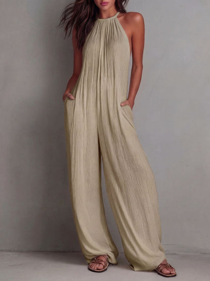 Combinaison bohème dos nu à col licou pour femme - Combi-pantalon plissée à jambes larges