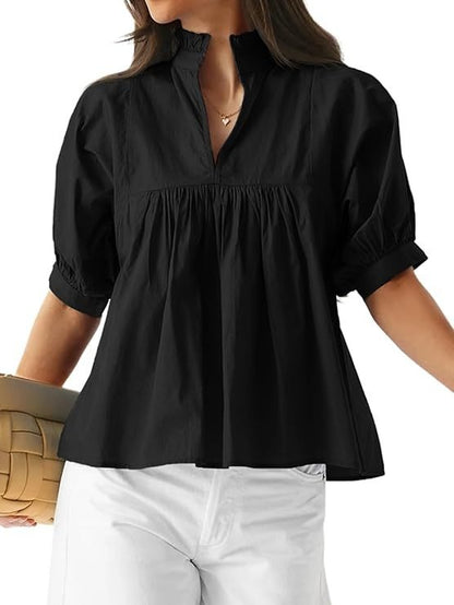 Women's shirt/T-shirt with mid-length sleeves and loose fit, V-neck