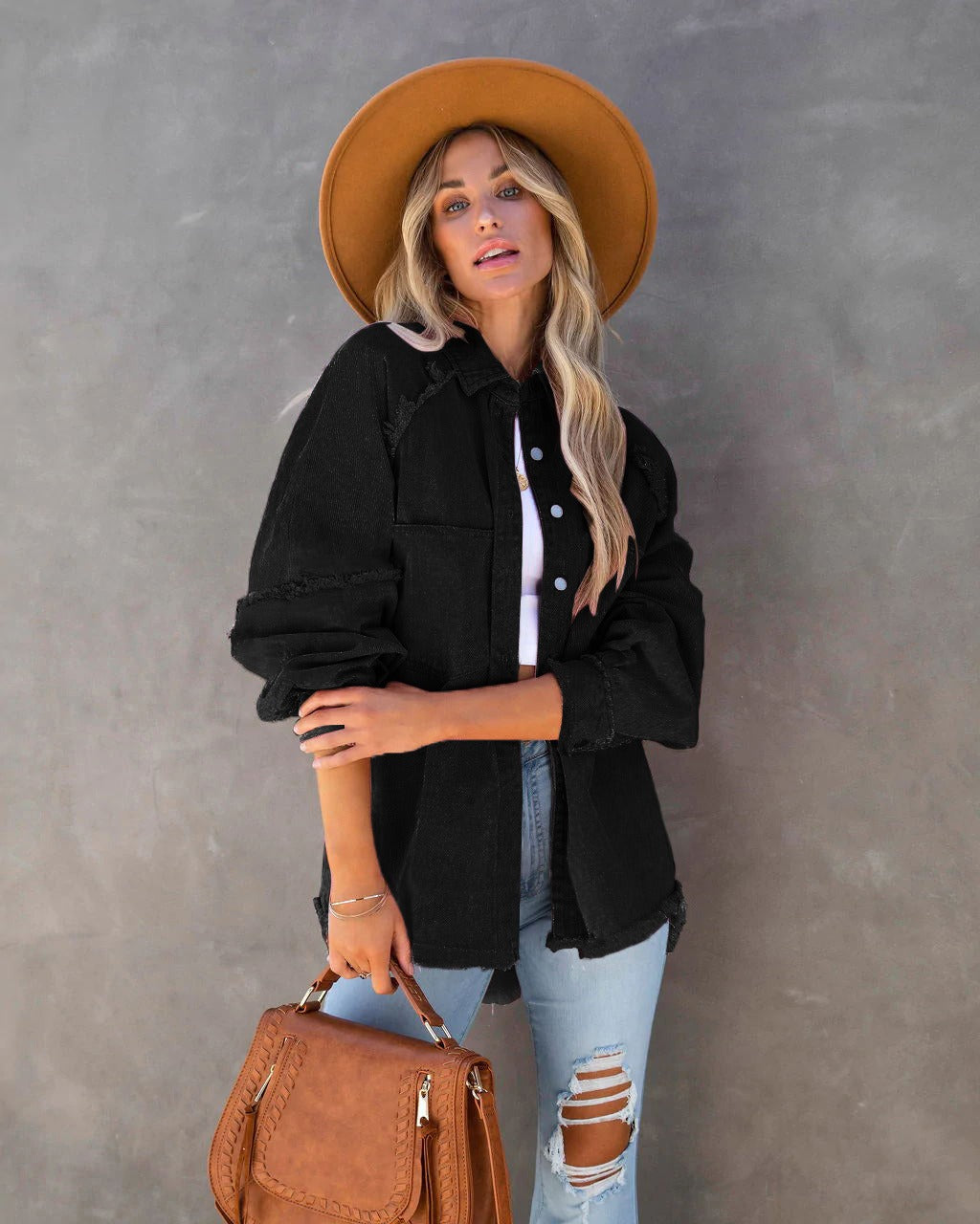 Vintage Oversized Raw Edge Denim Shirt for Women - Streetwear Button Down Jacket