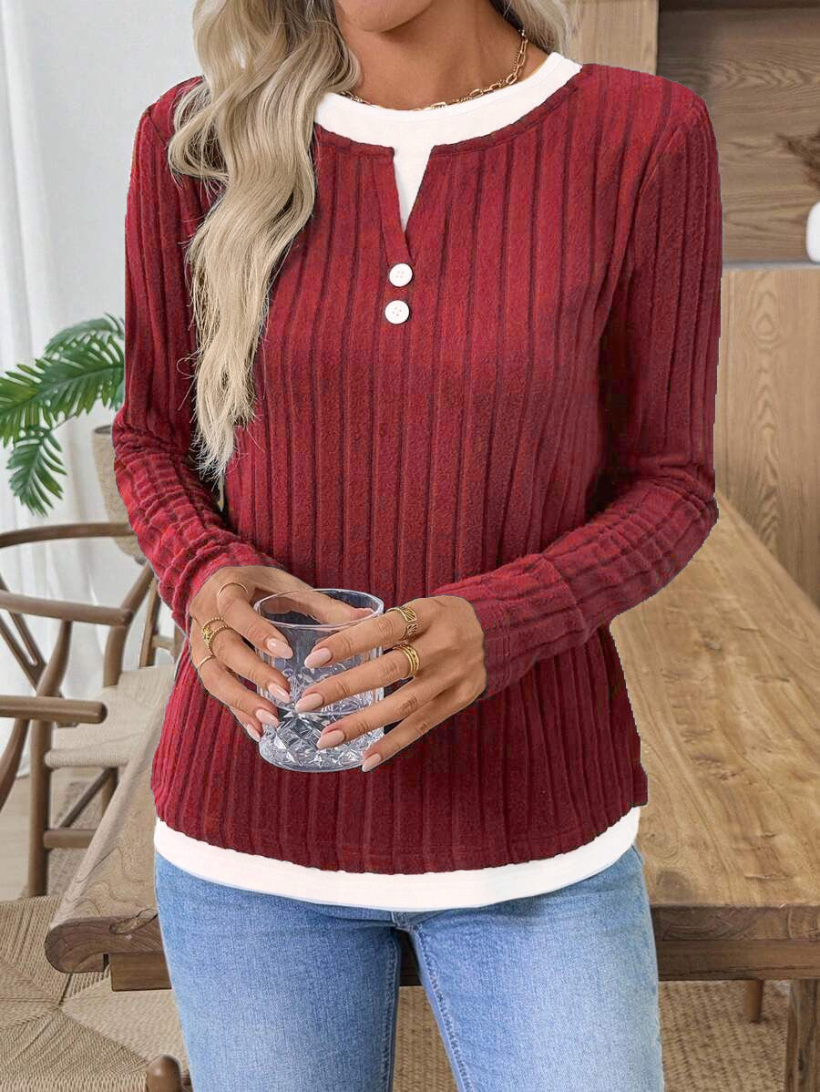 Ribbed Knit Faux Two-Piece Layered Sweater | Casual Button Decor Long Sleeve Brushed Pullover Top
